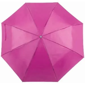 A pink umbrella with an octagonal shape and a central button, featuring a shiny, smooth surface.