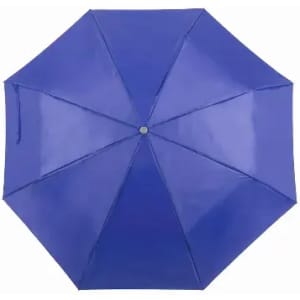 A blue umbrella with an octagonal shape and a single button closure, featuring a logo on the handle.