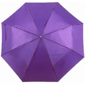 A purple umbrella with a glossy finish, featuring a central button and a classic octagonal shape.