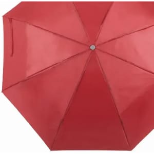 A red umbrella with a glossy finish, featuring a central button and eight panels.