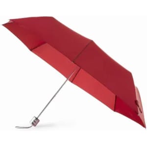 A red umbrella with a metallic silver handle, featuring a sleek design. It has a curved tip for easy grip.