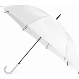 A white umbrella with a black handle and accents, featuring a curved, hook-style grip. It has a simple, sleek design.