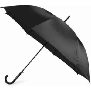 A black umbrella with a curved handle, featuring a glossy finish and a spacious canopy design.