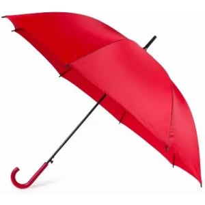 A red umbrella with a black handle and a curved hook design, featuring a smooth fabric canopy.