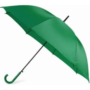 A green umbrella with a curved handle and a black shaft, featuring no visible logos or branding.