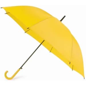 A yellow umbrella featuring a curved handle and a simple design. It has a black frame and detailing.