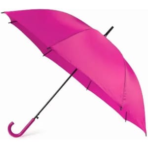 A pink umbrella with a curved black handle, featuring a solid canopy design. It has a sleek, modern look.
