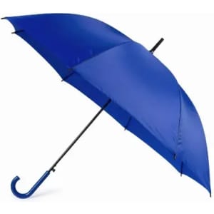 A blue umbrella with a black handle and a curved grip, featuring a sleek, modern design.