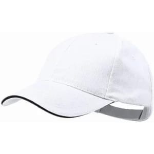 A white cap with a black trim and an adjustable strap at the back, featuring a logo on the front.