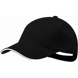 A black cap featuring a white trim and an adjustable strap at the back. Includes a logo on the front.