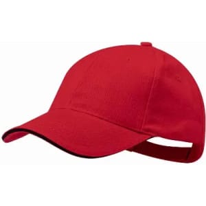 A red cap with a curved brim and an adjustable strap at the back. It features a logo on the front.