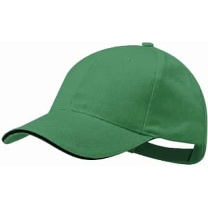 A green cap features a curved brim and an adjustable strap at the back. It has a logo on the front.