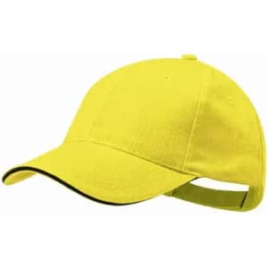 A yellow cap with a contrasting trim, featuring a rounded peak and an adjustable strap at the back.