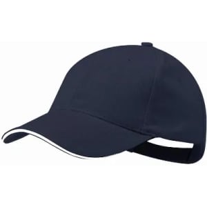 A navy blue cap with a white trim and an adjustable strap at the back. It features a logo on the front.
