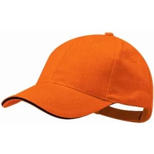 An orange cap with a curved brim and an adjustable strap at the back. Features a logo on the front.