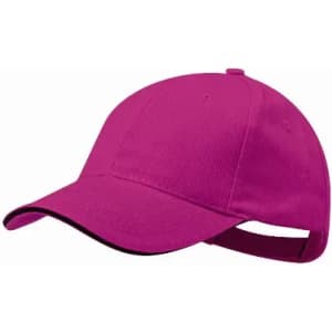 A pink cap with a curved brim and an adjustable strap at the back, featuring a logo.