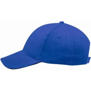 A blue baseball cap with a curved brim and a solid construction featuring a logo.