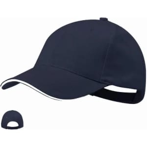 A cap in navy blue with a contrasting trim. It features an adjustable strap at the back and a logo on the front.