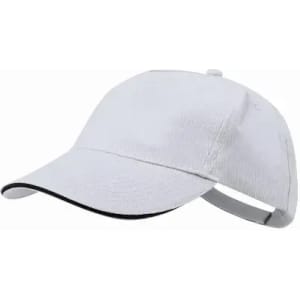 A cap in light grey with a black trim, featuring an adjustable strap and a curved brim.