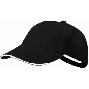 A cap in black with a white trim, featuring a curved brim and an adjustable strap at the back.