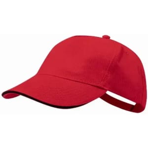 A red cap with a curved brim and an adjustable strap at the back, featuring a logo on the front.