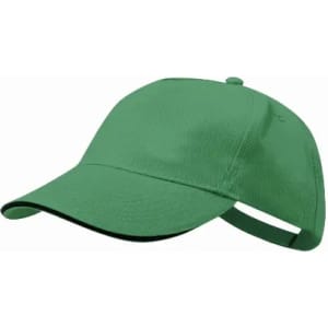 A green cap with a curved brim and adjustable strap at the back. It features a simple design and has a logo.