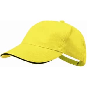 A yellow cap with a black trim and an adjustable strap at the back, featuring branding on the front.