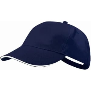 A navy blue cap with a white trim and an adjustable strap at the back. It features a logo on the side.