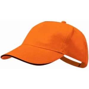 An orange cap with a black trim and an adjustable strap at the back, featuring a logo.