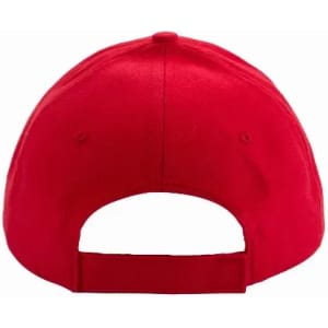 A red cap with a circular opening at the back and an adjustable strap for sizing.