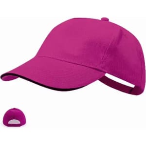 A pink cap with a curved brim and an adjustable strap at the back. The image also features a small version of the cap.