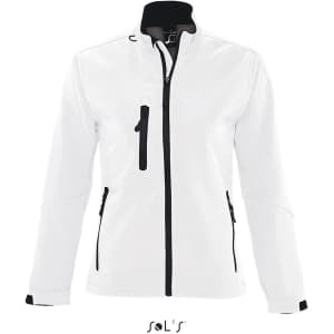 A white softshell jacket with zippered pockets and black detailing, featuring a logo on the front.