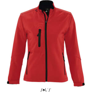 A women's softshell zippered jacket in vibrant red with black accents. Features a zippered pocket and a logo.