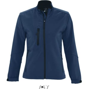 A navy women's softshell jacket with zippered pockets and a branded logo on the front.