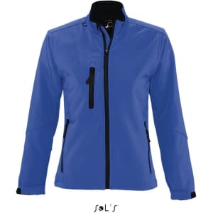 A blue women's softshell jacket featuring zippered pockets and a black collar. It has a logo on the front.