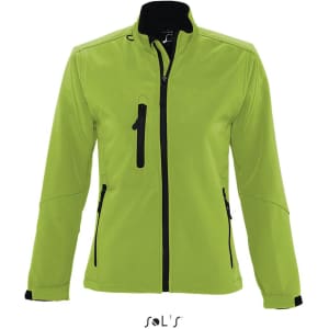 A softshell zippered jacket for women in bright green with black accents and multiple pockets. It features a logo.
