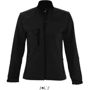 A black women's softshell jacket with zippered pockets and a subtle logo.