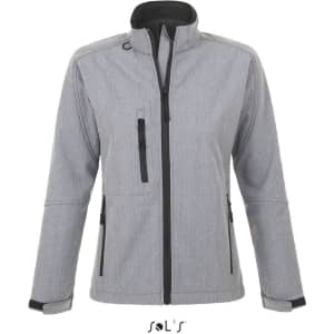 A women's softshell jacket in grey with black accents, featuring zippered pockets and a high collar.