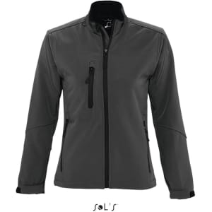 A women's softshell jacket in dark grey with zippered pockets and a logo on the front.