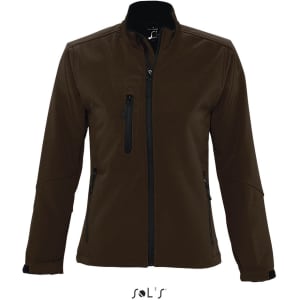 A women's softshell jacket in dark brown with zippered pockets and a logo on the chest.