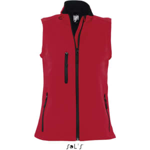 A women's red softshell vest with a zip front and two side pockets. It features a logo on the collar.