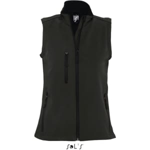 A women's softshell vest in dark green, featuring a front zipper and multiple zippered pockets. It has a logo on the collar.