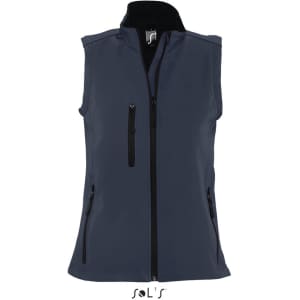 A women's softshell vest in navy blue with a zip front and multiple zippered pockets, featuring a logo.