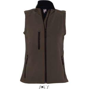 A women's softshell vest in a muted brown colour, featuring zippered pockets and a high collar. Brand logo present.