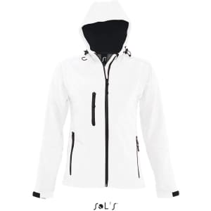A white women's softshell jacket with a hood, featuring black accents and multiple zippered pockets.