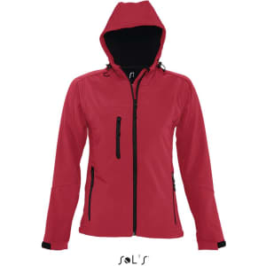 A red women's softshell jacket with a hood, featuring zippered pockets and a black interior. It has a logo.