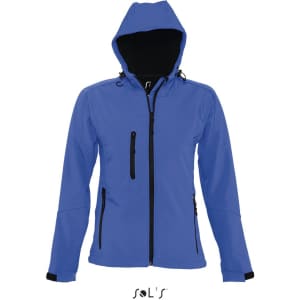 A blue women's softshell jacket with a hood and multiple zippered pockets. It features a logo on the front.