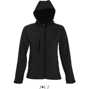 A black women's softshell jacket with a hood and multiple pockets, featuring a logo on it.