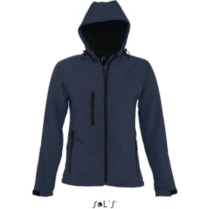 A navy women's softshell jacket with a hood, featuring zippered pockets and a logo.