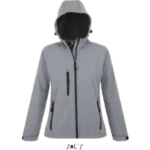 A grey women's softshell jacket with a hood, featuring zippered pockets and a logo.